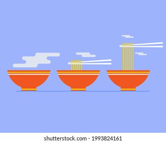 Noodle in red bowl with chopsticks. Cartoon vector style for your design.  