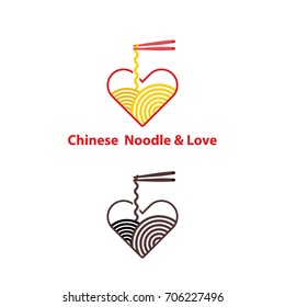 Noodle restaurant and food with heart shape logo vector design.Chinese noodle logo design template.Taste of Asia logo template design.Vector Illustration.