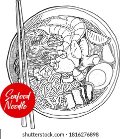 Noodle Seafood Drawing Vector Sketch