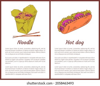 Noodle served with chopsticks and hot-dog with sausage, tomatoes and salad leaves. Asian meals fastfood services set vector illustration. Take away food