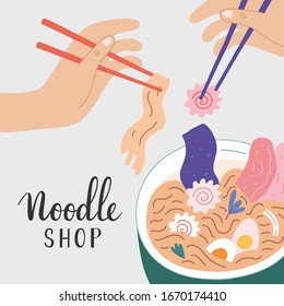 Noodle shop banner for ramen cafe, vector illustration with ramen bowl noodle soup, narutomaki and other ingredients, people eating asian food with chopsticks