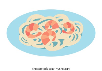 Noodle with shrimp. Japanese food icon. Noodle isolated on white background. Vector cartoon noodle with shrimp. Hand draw style