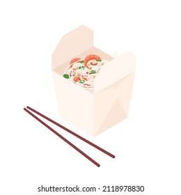 Noodle With Shrimp, Pad Thai, Pasta, Takeout, To Go - Isometric Vector Illustration In Flat Design.
