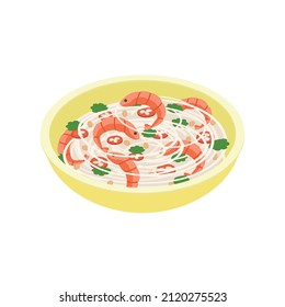 Noodle with shrimp, pad thai, pasta - Isometric vector illustration in flat design. 