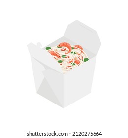 Noodle With Shrimp, Pad Thai, Pasta, Takeout, To Go - Isometric Vector Illustration In Flat Design.