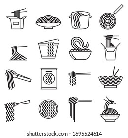 Noodle Sign Black Thin Line Icon Set Include of Soup, Chopstick and Ramen. Vector illustration of Icons