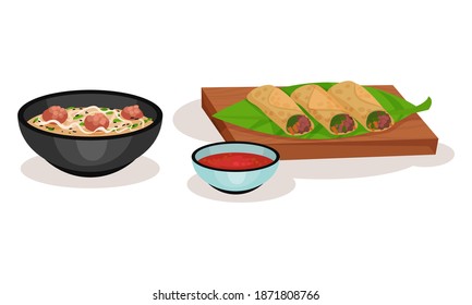 Noodle Soup in Bowl and Stuffed Crumpet Vector Set