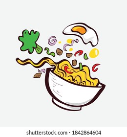 noodle soup cartoon in bowl vector, delicious noodles