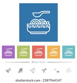 Noodle soup outline flat white icons in square backgrounds. 6 bonus icons included.