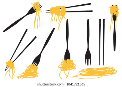 Noodle And Spaghetti On Chopsticks And Fork Vector Set Isolated On A White Background.