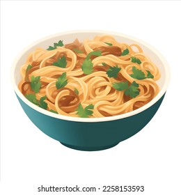 Noodle or Spaghetti Pasta in Bowl Isolated Detailed Hand Drawn Painting Illustration