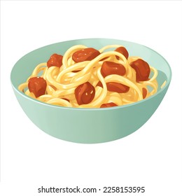 Noodle or Spaghetti Pasta in Bowl Isolated Detailed Hand Drawn Painting Illustration