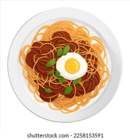 Noodle or Spaghetti Pasta in Bowl Top View Isolated Detailed Hand Drawn Painting Illustration