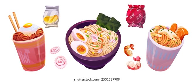 Noodle with spices, eggs and shrimps in cardboard cup and bowl with chopsticks. Cartoon vector illustration set of instant food - ramen spaghetti with sauce and delicious appetizing ingredients.