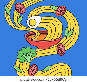 Noodle spilled and spread from the red bowl with vegetables and egg in dynamic cartoon hand drawn illustration vector for food blogs and culinary designs