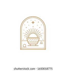 Noodle and sun logo. Restaurant and food. Japanese ramen vector illustration.