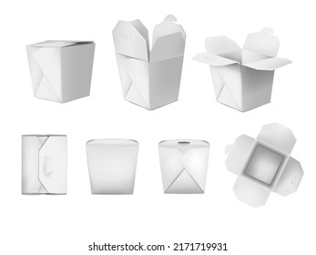 Noodle takeout boxes. 3d mockup japanese chinese food box takeaway, open paper bag for asian meal carton packaging pasta rice noodles sushi restaurant pack vector illustration of container to takeout