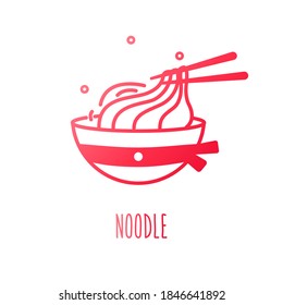 Noodle in a tureen with chopsticks in color line style. Vector gradient icon.