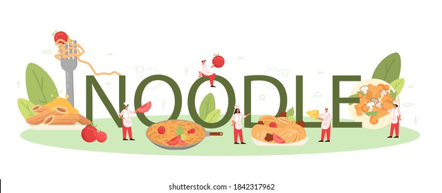 Noodle typographic header. Italian food on the plate. Delicious dinner, meat dish. Mushroom, meatball, tomatoes ingredients. Isolated vector illustration in cartoon style