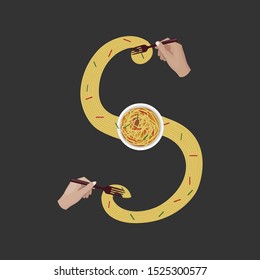 Noodles Alphabet S Flat Illustration,  Food alphabet vector illustration, S letter vector illustration.