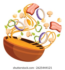 Noodles, bacon, egg, onion, pepper, mushroom, tofu and herbs falling into a bowl of hot soup