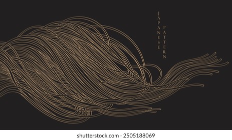 Noodles banner with brown and yellow ramen pattern on black background in vintage style. Wave abstract art illstration. Hand drawn line in elegant style.