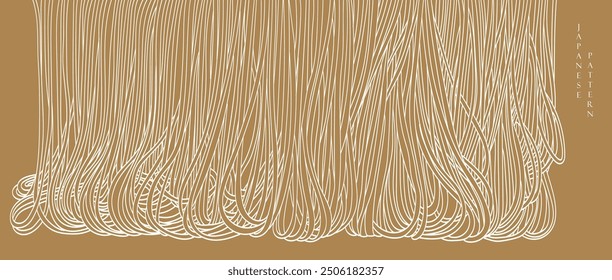 Noodles banner with brown and yellow ramen pattern on white background. Wave abstract art illstration. Hand drawn line.