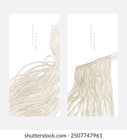 Noodles banner with brown and yellow ramen pattern on white background in vintage style. Abstract art banner illstration. Hand drawn line in elegant style.