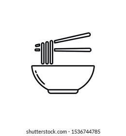 Noodles bowl black line vector icon. Flat black line vector icon for portion noodles with two chopsticks on white background.