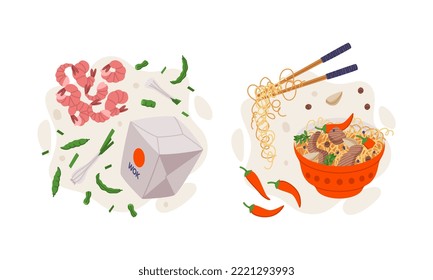 Noodles in Bowl and Carton Box with Shrimps and Pepper as Wok Ingredients and Asian Food Vector Composition Set