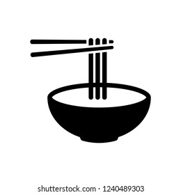 Noodles in bowl and chopstick, soup ramen, asian food, france pasta. Icon of kitchen. Black icon on white background