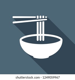 Noodles in bowl and chopstick, soup ramen, asian food, france pasta. Icon of kitchen. White flat icon with long shadow on blue background