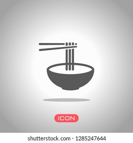 Noodles in bowl and chopstick, soup ramen, asian food, france pasta. Icon of kitchen. Icon under spotlight. Gray background