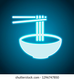 Noodles in bowl and chopstick, soup ramen, asian food, france pasta. Icon of kitchen. Neon style. Light decoration icon. Bright electric symbol