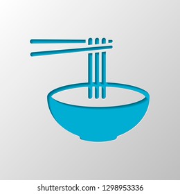 Noodles in bowl and chopstick, soup ramen, asian food, france pasta. Icon of kitchen. Paper design. Cutted symbol with shadow