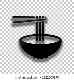 Noodles in bowl and chopstick, soup ramen, asian food, france pasta. Icon of kitchen. Black glass icon with soft shadow on transparent background