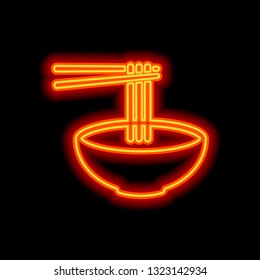 Fideos en tazón y palo, ramen de sopa, comida asiática, pasta francesa. Icono de cocina. Estilo neón naranja sobre fondo negro. Icono de luz