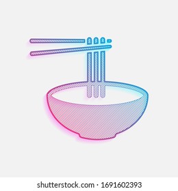 Noodles in bowl and chopstick, soup ramen, asian food, france pasta. Icon of kitchen. Colored logo with diagonal lines and blue-red gradient. Neon graphic, light effect