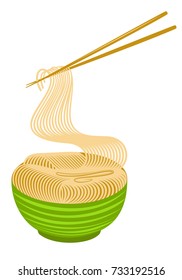 Noodles Bowl with Chopsticks. Asian Food Icon Vector Illustration Isolated on White Background.