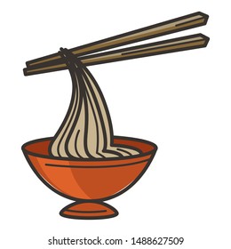 Noodles in bowl with chopsticks, Chinese food isolated dish vector. Lunch or main course, homemade food and nutrition, cooking ingredients. Wok meal, China cuisine, dishware and cooking, pastry