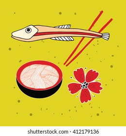 Noodles bowl with chopsticks and fish Colorful banner Asian cuisine 