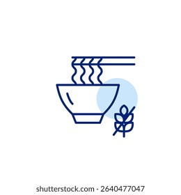 Noodles in bowl, chopsticks and gluten free symbol. Dietary restrictions, food labelling. Pixel perfect, editable stroke vector icon