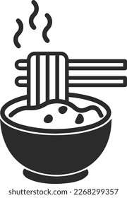 Noodles in bowl with chopsticks icon, food icon black vector