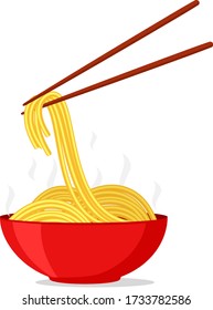 Noodles in a bowl and chopsticks on a white