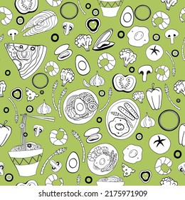 Noodles in a bowl with chopsticks. Various vegetable dishes. Seamless pattern with products. Menu, packaging design.