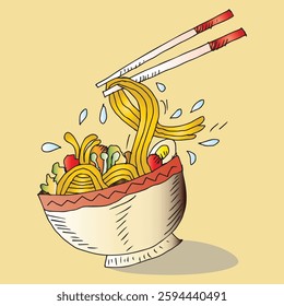 Noodles in a bowl with chopsticks. Vector illustration.