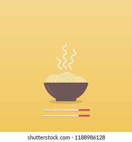 Noodles bowl with chopsticks. Yellow background. Vector illustration, flat design