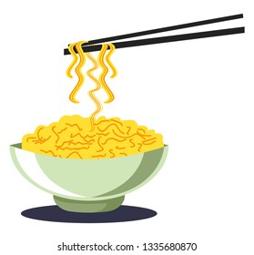 Noodles in a bowl with chopsticks noodles in yellow color vector color drawing or illustration.