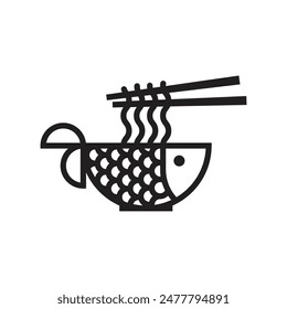 noodles in a bowl with fish shape and chopsticks logo vector