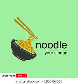 Noodles in a bowl in a flat style on a green background. Vector illustration.